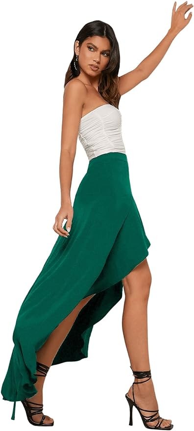 Verdusa Women's Elastic Waist Asymmetrical High Low Flared Maxi Skirt