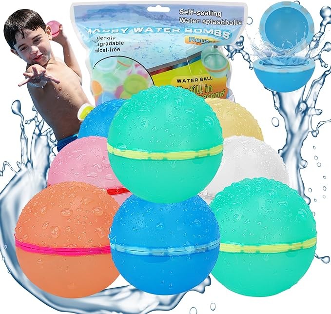 【8 Pcs】Reusable Water Balloons, Pool Toys Water Ball Summer Toy for Boys Girls, Easy Quick Fill and Self-Sealing Water Balloon, Magnetic Soft Silicone Water Splash Ball for Summer Party