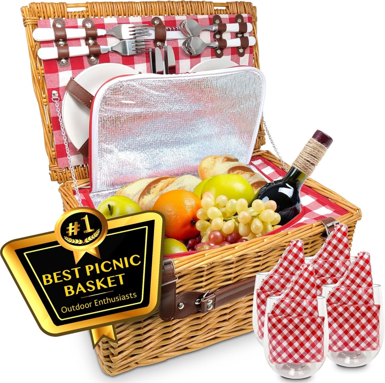 Nature Gear Picnic Basket, Wicker Basket with Handle for Outdoors, Insulated Woven Basket, Includes a Service Kit of Dinnerware & Wine Glasses, Picnic Basket Set for 4, Red & White