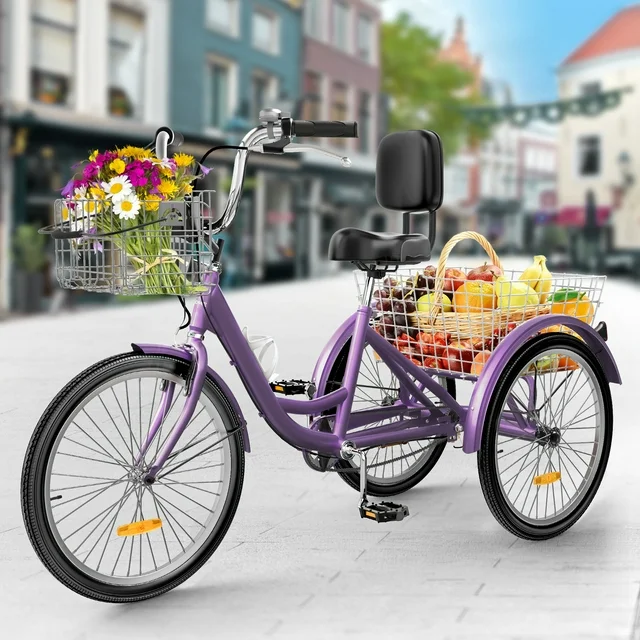 Dextrus Adult Tricycle, 24 Inch 3 Wheel Bikes, 1 Speed Trike Bike for Adults with Removable Baskets, Cruiser Bike for Seniors Women Men Shopping Picnic Outdoor Sports, Purple