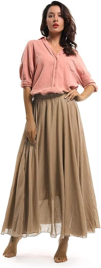 Phorecys Women's Girls Casual Long Maxi Skirt Cotton Elastic Waist Boho Goth Fairy Renaissance Weekend Skirts Dress
