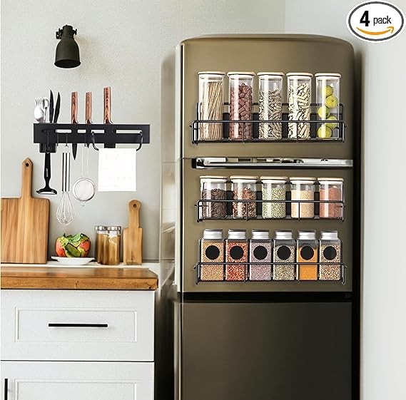 Zhedar Magnetic Spice rack - All 3 Magnetic Spice Rack for refrigerator - with 11.8 inches and 1 All-in-one Kitchen Utensil Organizer with hooks, and holding Knifes, Spoons, Scissor, Stick Sharpening