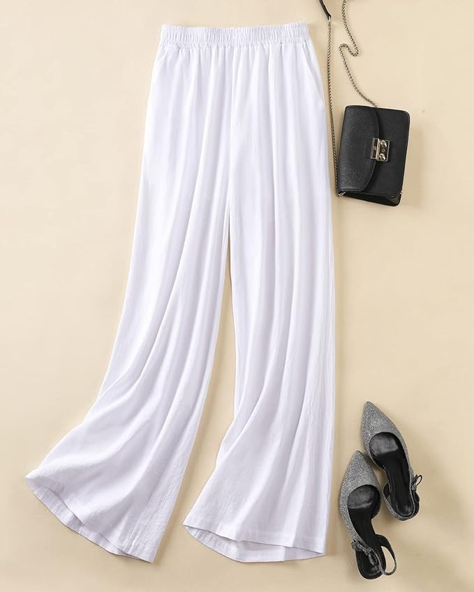 Hisanny Womens Plus Size Linen Pants Wide Leg Palazzo Trousers High Elastic Waist Flowy Pants Culottes with Pockets