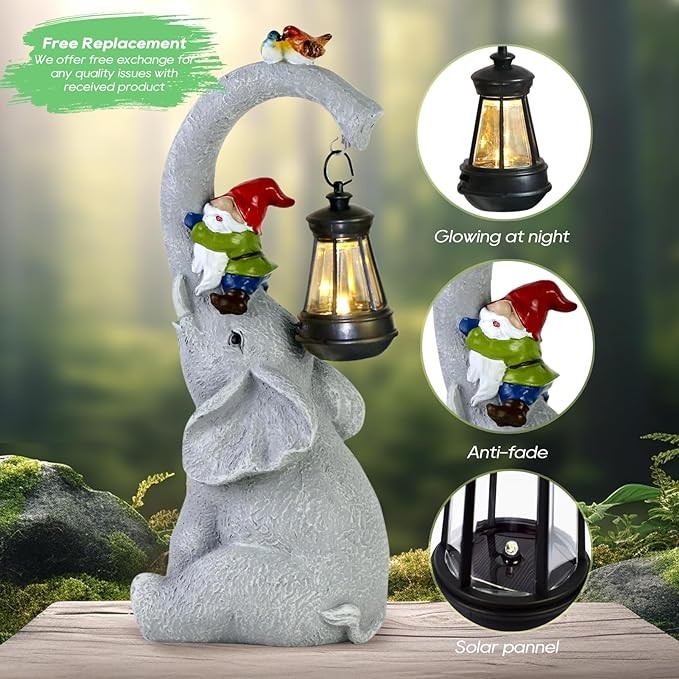 Snowrabbit Elephant Statue Garden Decor - Lucky Elephant Outdoor Statue with Solar Powered Lantern, Elephant Gifts for Women,Resin Yard Art for Outdoor & Home Decor(11" Elephant)