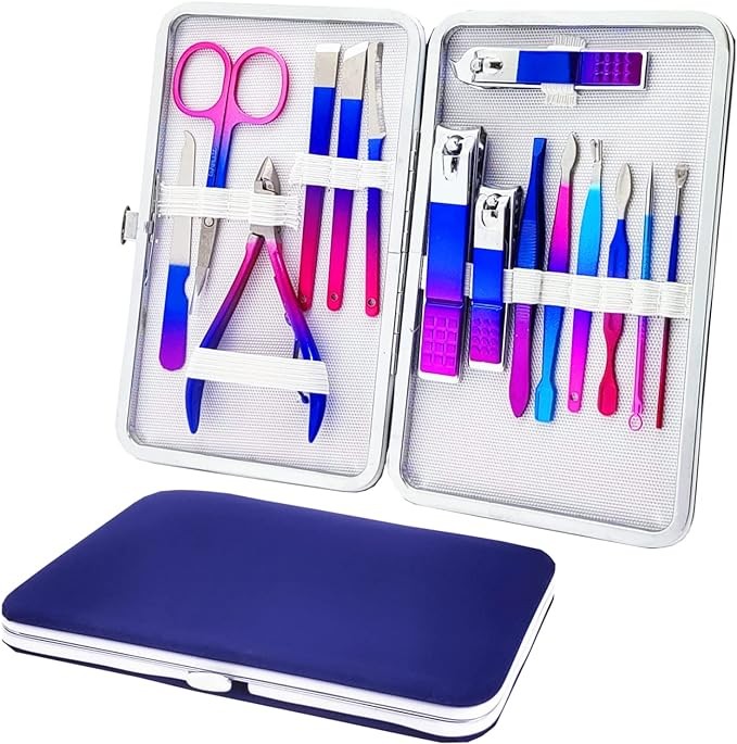 SHICEN Manicure Set, Professional Nail Clippers Kit, Pedicure Care Tools, Professional Women Grooming Kit -Premium Stainless Steel with Blue Travel Case Set 15PC Great Gift(Colorful)