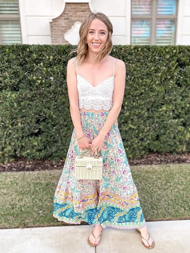 CFLONGE Women's 2024 Bohemian Long Skirts Flowy High Waist A Line Maxi Skirts for Women Summer Pleated Mini Skirts