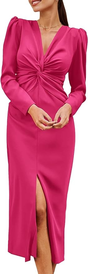 Pretty Garden Womens Long Puff Sleeve Maxi Dresses V Neck Twist Front Dress With Slit