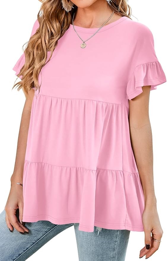 Neineiwu Women's Casual Ruffle Short Sleeve Crewneck Loose Tops Blouses Tunics