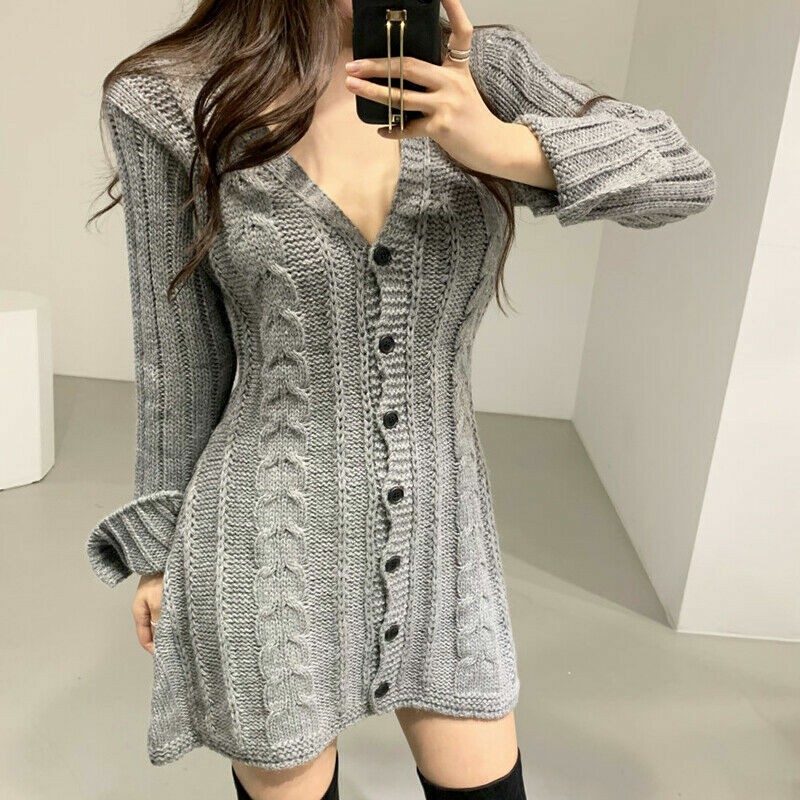 Womens V Neck Long Sleeves Knitted Sweater Dress Korean Fashion Mini Skirt Tops