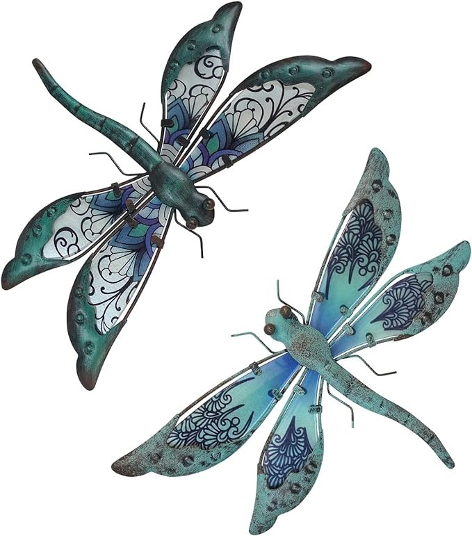 LIFFY Glass Metal Dragonfly Wall Decor a Pair - Outdoor Dragonfly Wall Art - Hanging Metal Dragonfly Decor for Garden and Home Decor - Dragonfly Gifts for Women