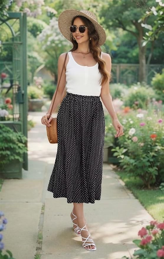 Beimuc Women's Midi Skirts 2024 Casual High Waist Polka Dot Pleated Skirt Boho A-Line Flowy Skirt with Pockets