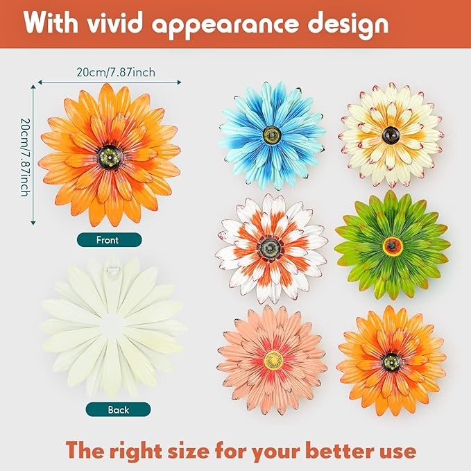 Zhehao 6 Pcs Metal Flower Wall Art Decor 8 Inch Sunflower Wall Decorations Hanging Outdoor Metal Wall Art Multicolored Handmade Metal Flowers Outdoor Decor (Elegant Color)