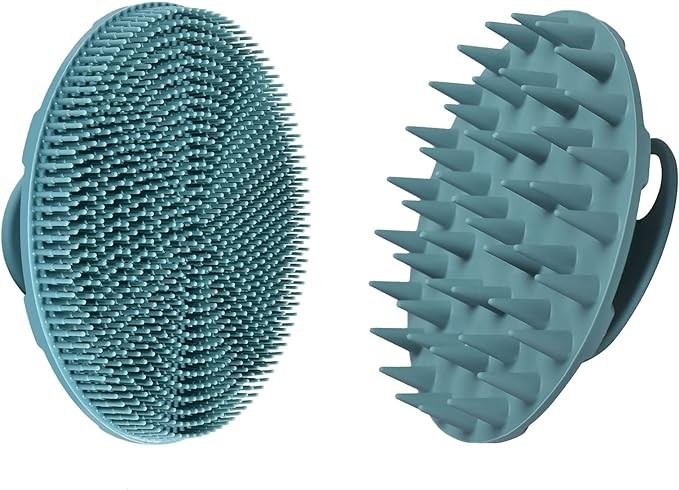 INNERNEED Food-Grade Soft Silicone Body Scrubber Shower Brush, with Scalp Massager Shampoo Brush, Wet & Dry Manual Scalp Care Hair Washing (Dark Green)