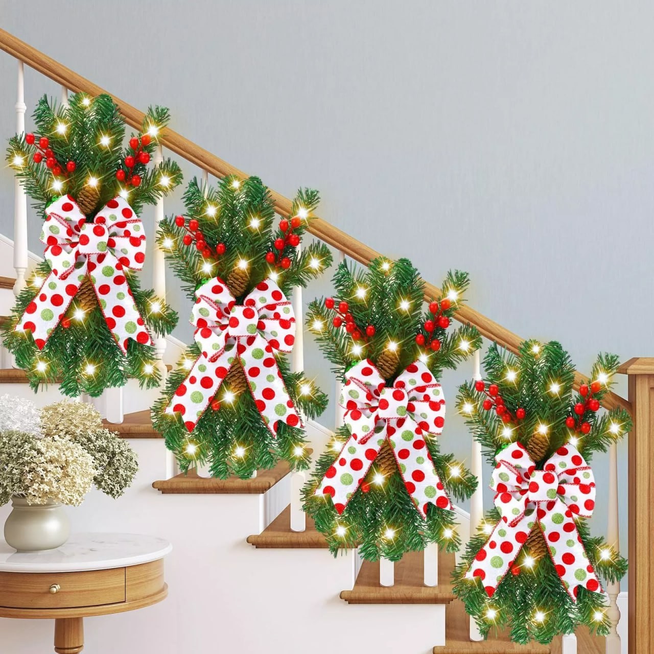 4 Pc Christmas Wreath LightUp Staircase Prelit Stairway Garland Door Wall Window