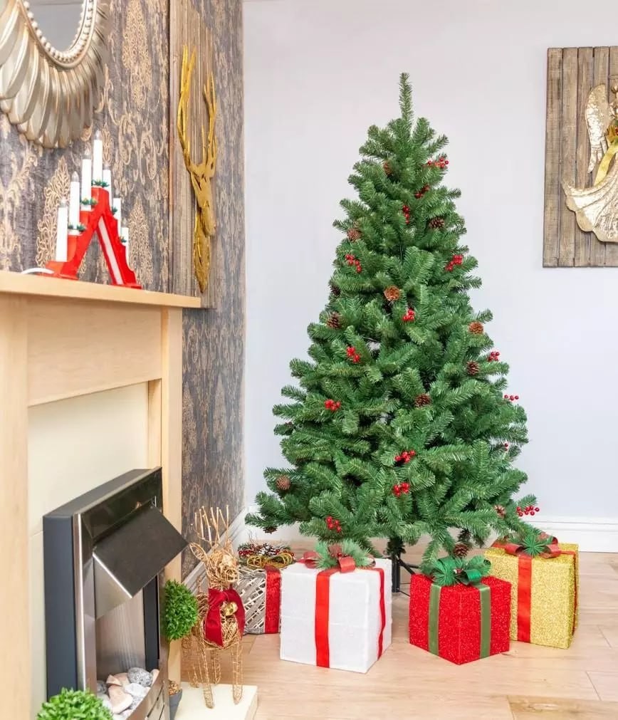 7FT Green Christmas Tree Artificial Bushy Maryland Fir Tips Decorated Berry Pine