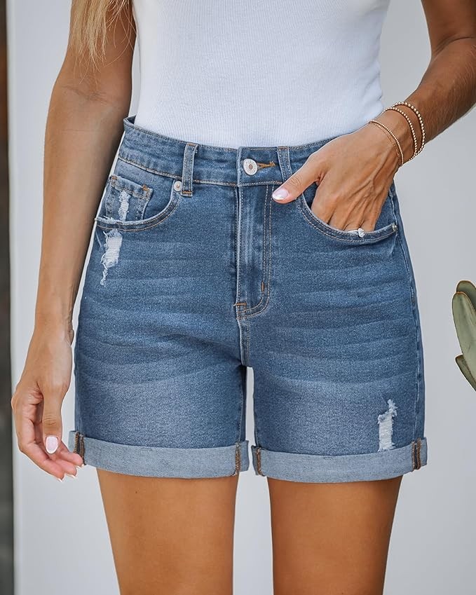 LookbookStore Jean Shorts Womens Stretchy High Waisted Ripped Denim Shorts with Pockets Trendy Distressed Cut Off Shorts