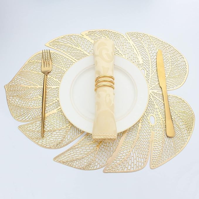 Evevda Gold Leaf Shaped Vinyl Placemats for Dinner Table Set of 4 Metallic Plastic Gold Place Mats Wipeable 6Pcs Table Mats for Wedding Annersary Dinner Table Decoration Mats