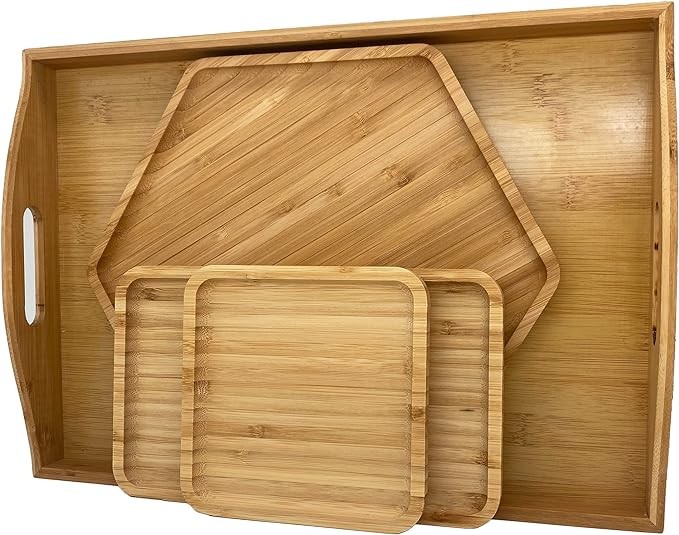 PAFREWOG Bamboo Serving Trays 16.5"x11.8"（42x30cm with Handle, Set Includes 1xHexagon 12.5"(32cm)+1xRectangle 9.8"(25cm)*5.9"(15cm)+1xSquare 5.9"(15cm) Dinner Plates Cheese Cutting Board