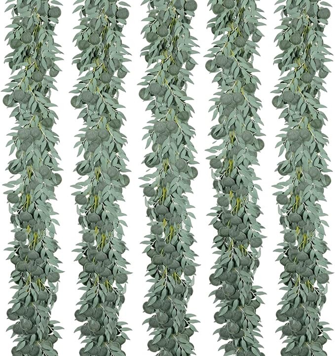 Kisflower 5 Pack 6.56FT Eucalyptus Garlands Artificial Greenery with Willow Leaves Fake Hanging Plants Vines for Wedding Arch Decorations Party Hotel Room Table Home Garden Office Wall Decor