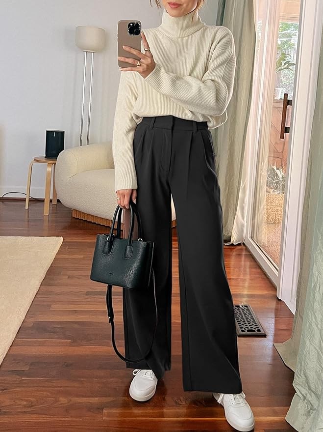 NIeyook Women's Wide Leg Pants Elastic High Waisted Trousers Business Work Casual Pants with Pockets