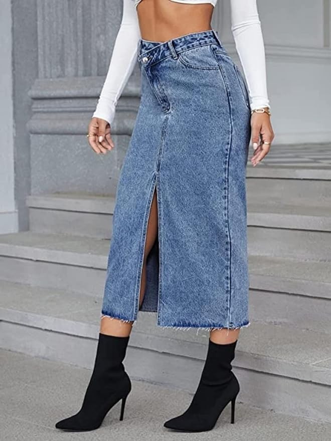 ELSTAROA Women's Casual High Waisted Solid Button Up Denim Jean Skirt