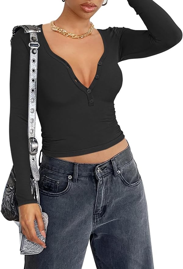 REORIA Women Sexy Long Sleeve Henley T Shirts V Neck Button up Casual Basic Y2K Slim Fitted Ribbed Knit Crop Tops