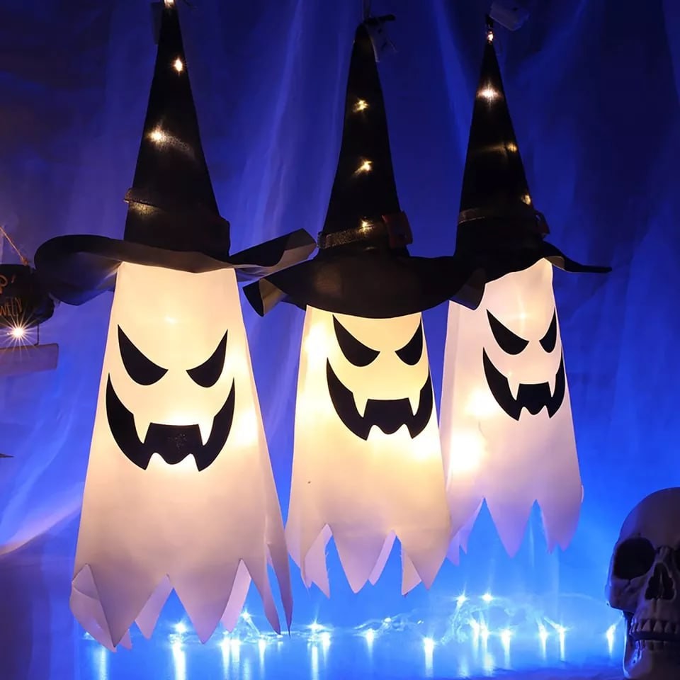 Halloween Decorations Outdoor Decor Hanging Lighted Glowing Ghost Witch Hat H...