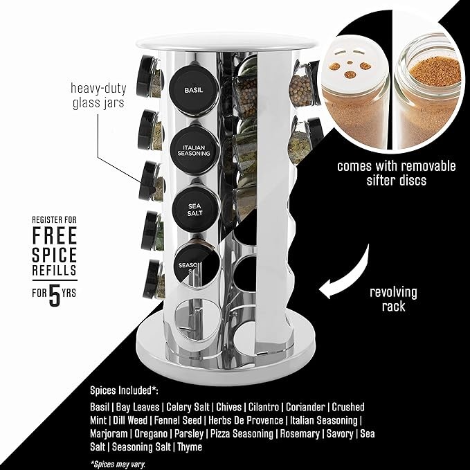 Kamenstein 20 Jar Revolving Countertop Spice Rack with Spices Included, FREE Spice Refills for 5 Years, Polished Stainless Steel with Black Caps, 30020