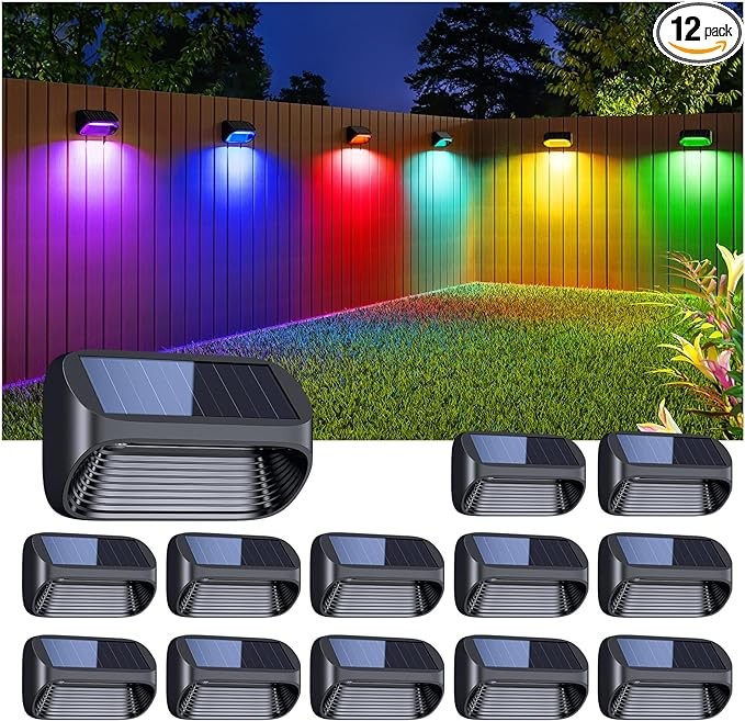 LETMY 12 Pack Solar Fence Lights Outdoor, Solar Deck Lights Outdoor Waterproof with Cool White/RGB Fade/RGB Fixed Mode, Solar Step Lights Solar Stair Lights for Outside Yard Stair Step Fence Deck Wall