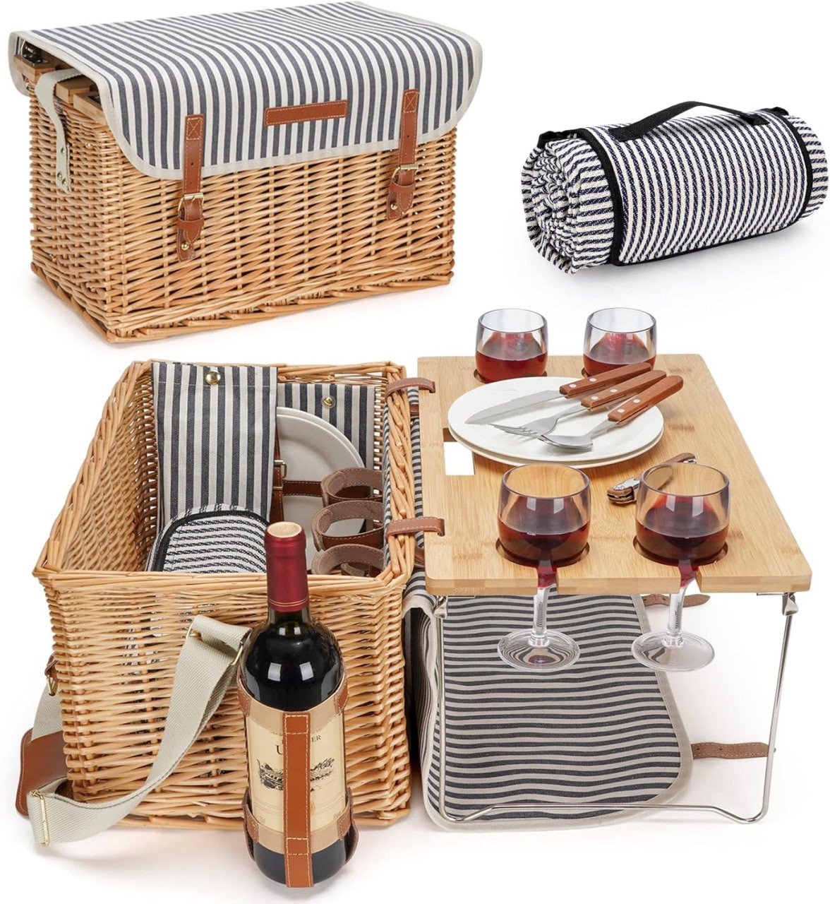 Wicker Picnic Basket for 4, 4 Person Picnic Kit, Willow Hamper Service Gift Set with Blanket Portable Bamboo Wine Snack Table for Camping and Outdoor Party