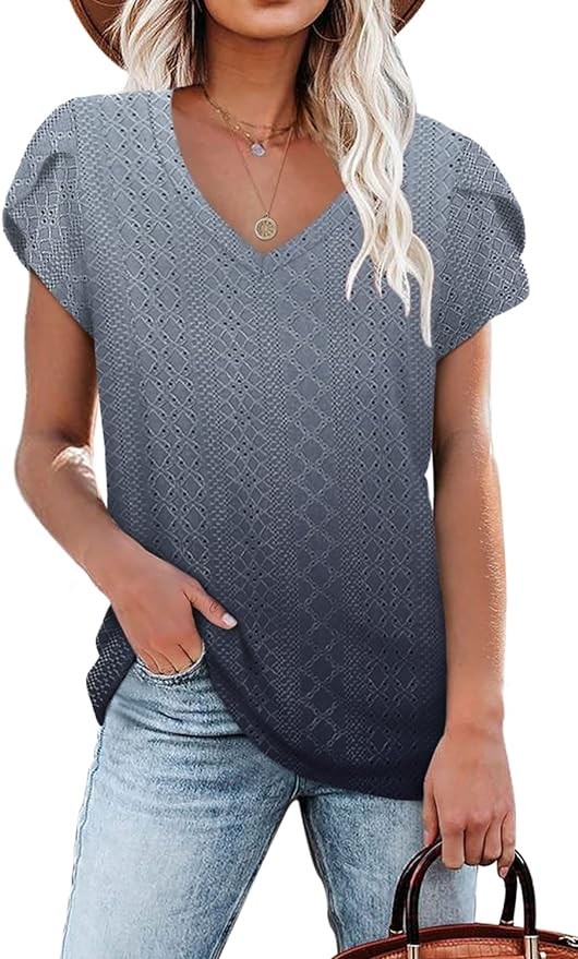 WIHOLL Women's T-Shirt V Neck Summer Eyelet Petal Sleeve Dressy Casual Tops