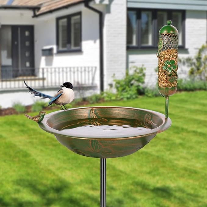 VEWOGARDEN 47 Inch Standing Metal Bird Bath Stake with Birdfeeder, Outdoor Garden Birdbath for Outside Patio, Yard, Lawn Decor