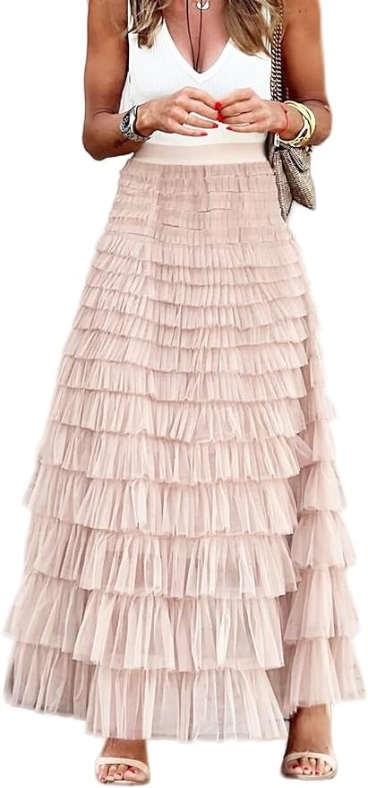 Perbai Womens Long Maxi Tulle Skirt High Waisted A Line Layered Tiered Mesh Skirt Petticoat