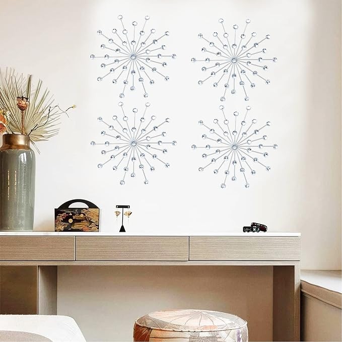 ZEXUIRU 3 Set Silver Metal Jeweled Wall Art Bling Crystal Home Décor Sun Burst Rhinestone Wall Hanging Diamond Accents