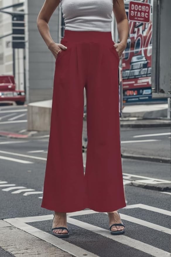 LROSEY Women Casual Stretchy Wide Leg Palazzo Pants with Pockets Flowy Dress Pants High Waisted Trousers