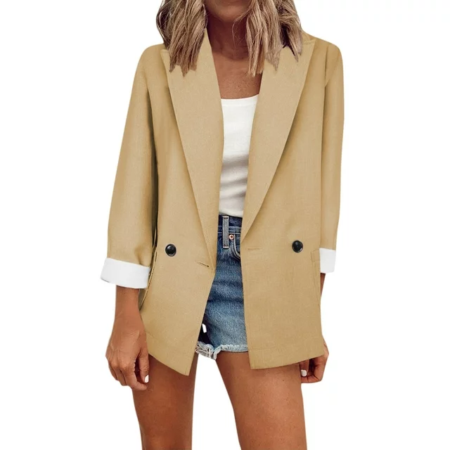 Outfmvch blazer jackets for women casual blazer solid color suit collar long sleeve loose suit womens tops navy