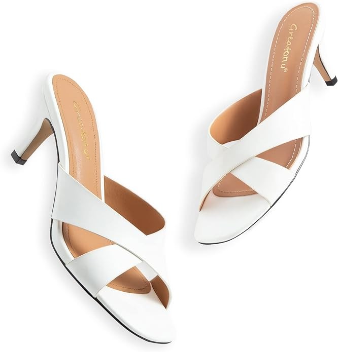 Greatonu Women's Heeled Sandals Square Open Toe Kitten Heels Slip On Mules 2.76 inch Summer Dressy Sandals
