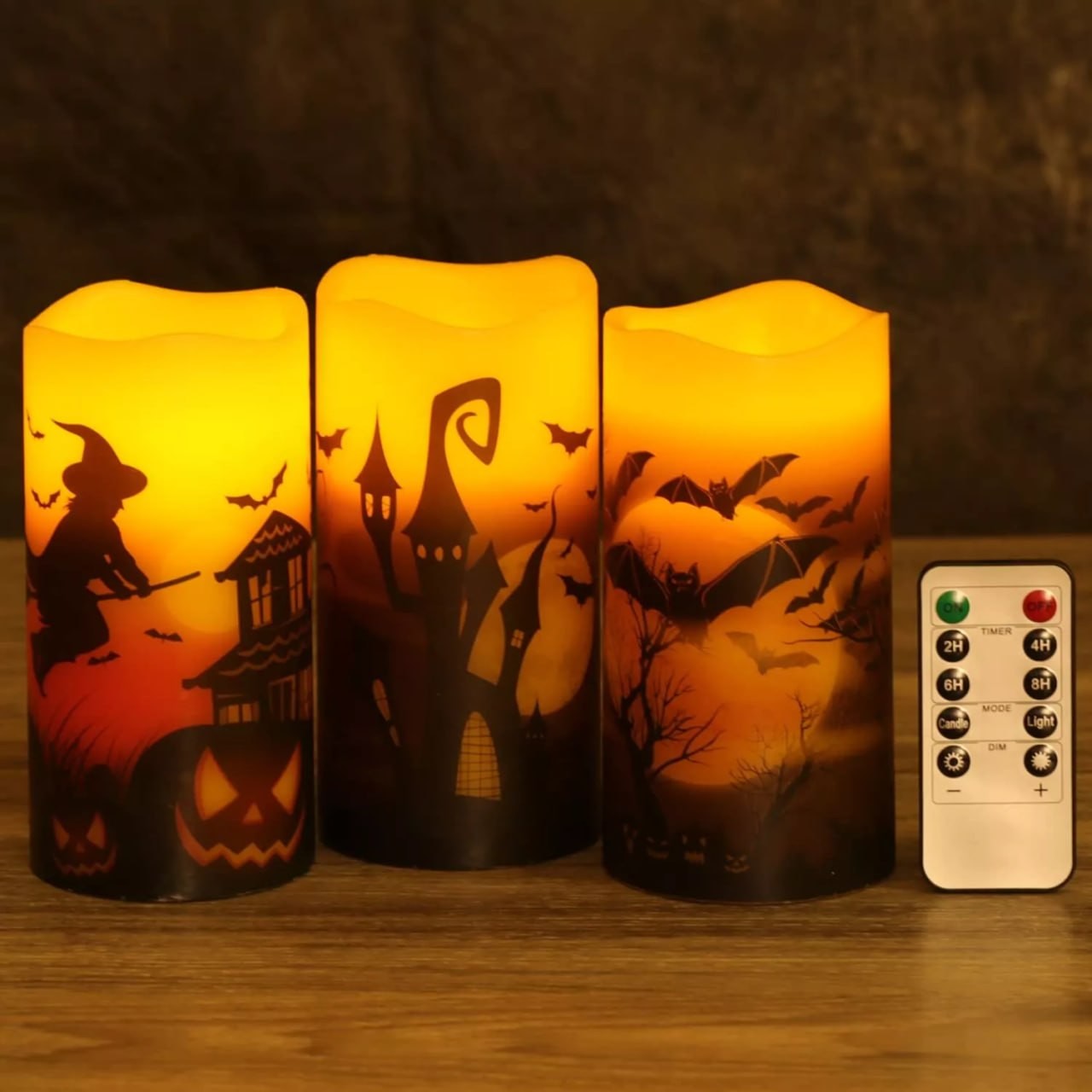 Set of 3 Halloween Flickering Flameless Candles with Remote and Timer, Real W...