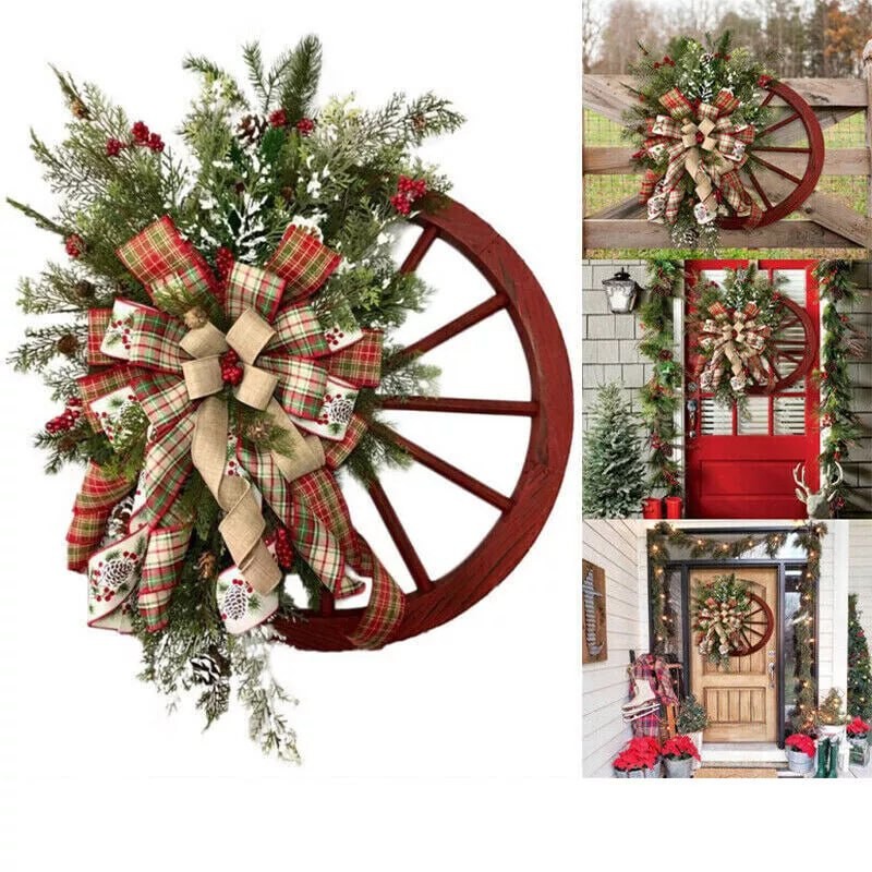 Christmas Wreath Red Wagon Wheel Xmas Wreath Front Door Hanging Ornaments