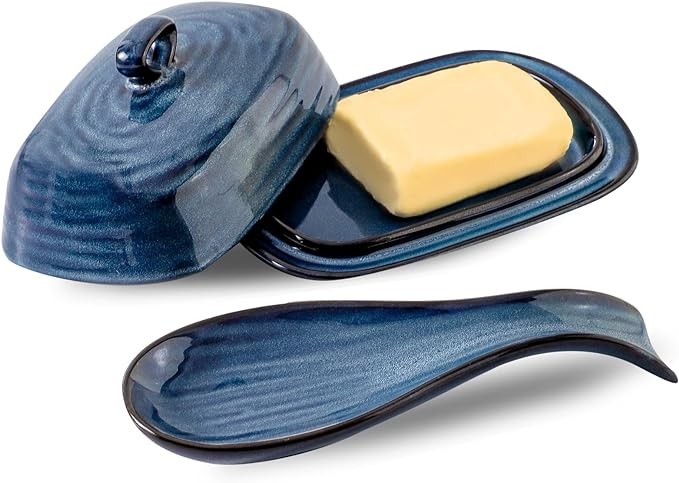 Hasense Ceramic Spoon Rest and Butter Dish Set, 2 Pieces Navy Reactive Glaze Dinnerware Accessories Set Perfect for Home Decor, Kitchen Housewarming Gift