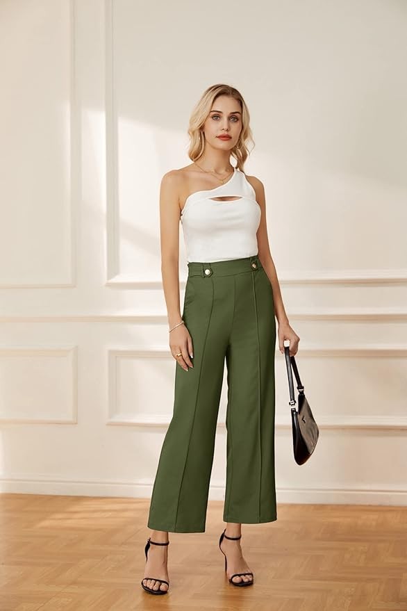 GRACE KARIN Women's Straight Leg Cropped Work Pants Elastic High Waist Wide Leg Business Casual Slacks with Pocket