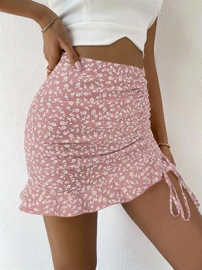 Floral Ruched Ruffle Hem High Waist Bodycon Cute Beach Short Skirt