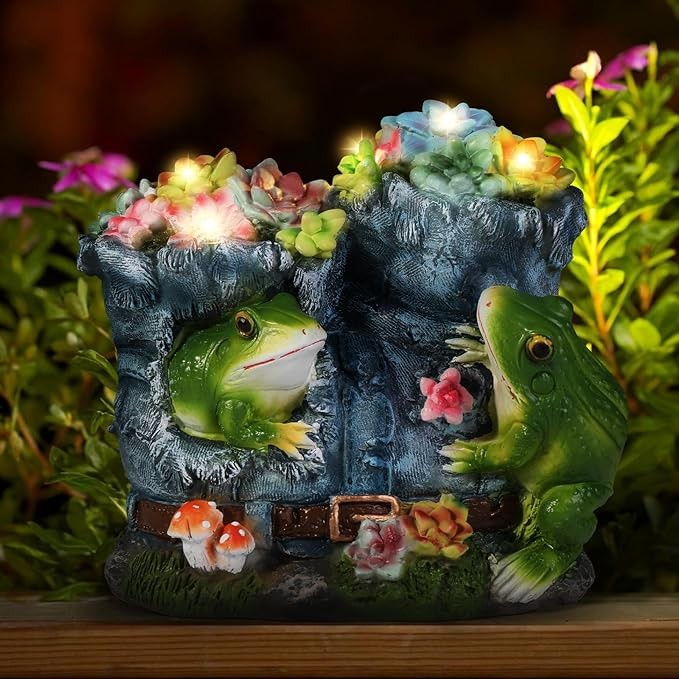 shumi Solar Garden Outdoor Statues Frog with Succulent and 6 LED Lights - Lawn Decor Frog Statue for Patio, Garden, Balcony, Yard Ornament - Unique Housewarming Gifts for Mom Wife