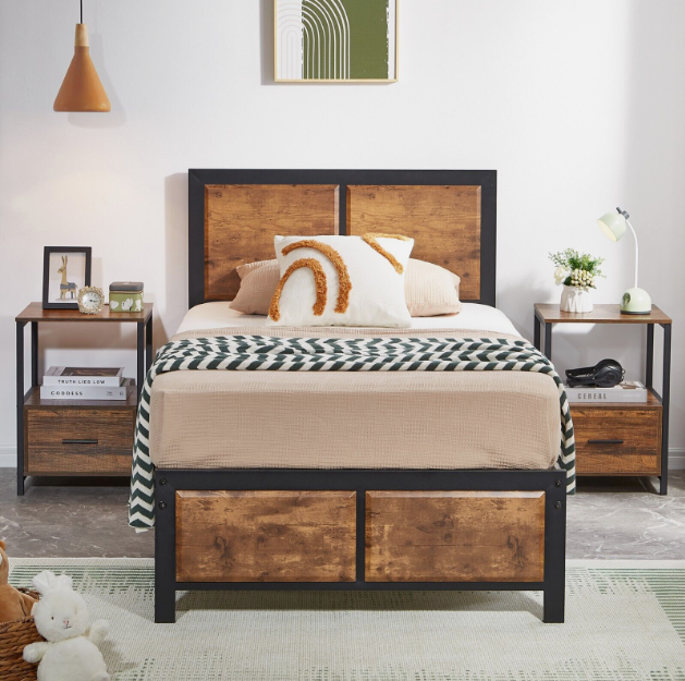 Vecelo Bed Frame Twin/Full/Queen Size With Wooden Headboard Heavy Metal Platform