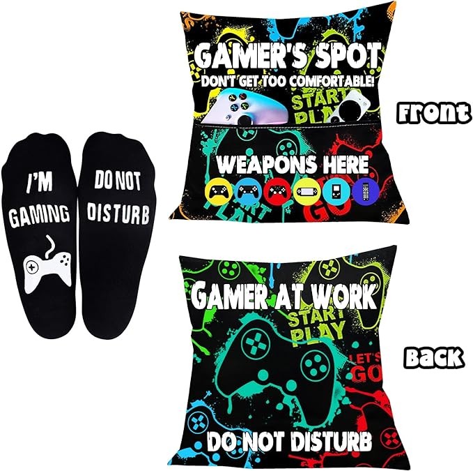 Gamer Gifts Pillow Cover Case 18x18 inch with Dual Pockets and Do Not Disturb I'm Gaming Novelty Socks, Gaming Room Decor Party Decorations, Xmas Gift Christmas Stocking Stuffers for Men Teen Boys