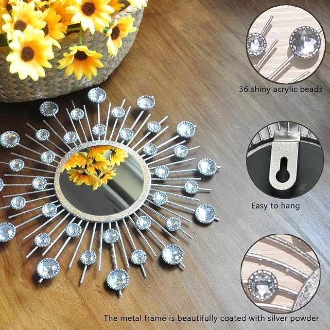 Yonivexis Mirror Wall Decor Metal Sun Mirror Wall Art Decorative Mirrors Home Decor Sunburst Mirror Hanging Living Room Bedroom Entryway