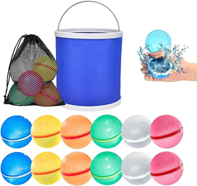 YOTOKAO 12Pcs Water Balloons Quick Fill for Kids and Adults,Reusable Silicone Material,Automatic Sealing,Pool Beach Outdoor Toy for Kids,Multi-Color Splash Bomb,with Collapsible Bucket and Mesh Bag