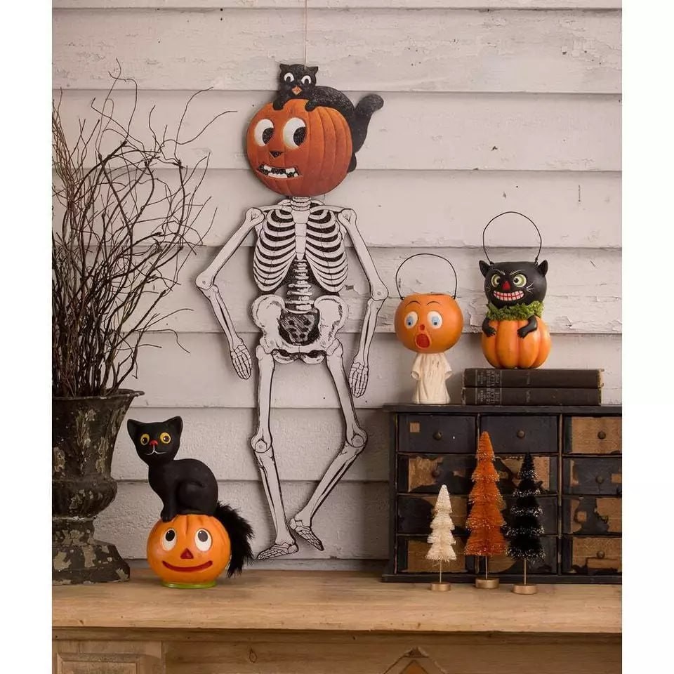 Bethany Lowe Halloween Jack & Cat Hanging Skeleton TF3255