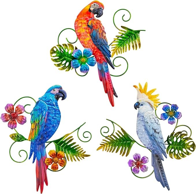 J-Fly Metal Parrot Wall Decor Tropical Outdoor Wall Decor Parrot Outdoor Metal Wall Art Metal Bird Wall Decor Outdoor Decor Patio Wall Fence Garden Home Kitchen Decor 11 Inch