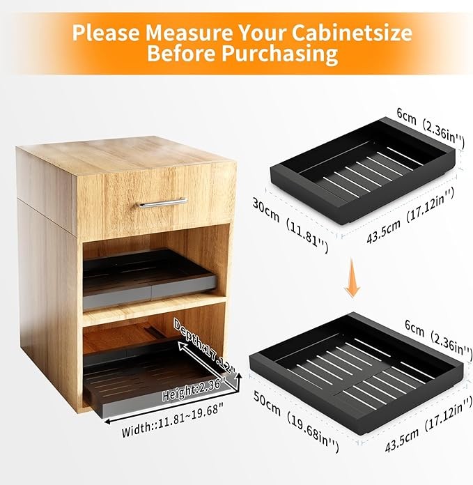 2PCS Expandable Pull out Cabinet Organizer, Pull out Drawers Fixed with Adhesive Nano Film, Slide out Cabinet Organizer Drawer Storage for Kitchen, Living Room, Home, 19.7" W x17.1" D x 2.4" H, Black